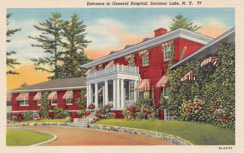 Saranac Lake, NY New York   GENERAL HOSPITAL Entrance View  ca1940's Postcard