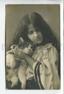 444441 PUSSY CAT & Girl LONG HAIR Vintage PHOTO postcard 1907 year