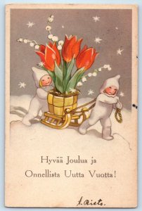 Christmas And New Year Children Winter Suit Pulling Sled With Flower Postcard