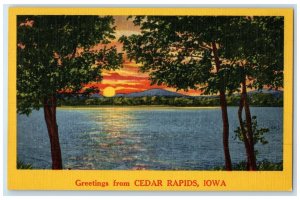 c1940's Greetings From Cedar Rapids Iowa IA Unposted Sunset And River Postcard