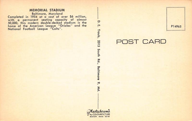 Memorial Stadium, Baltimore, Maryland, Early Postcard, Unused