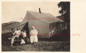 Unknown Location, RPPC, Family & Dog on a Camping Trip with a Tent