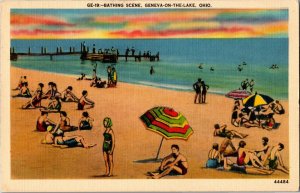 Beach Bathing Scene, Geneva-On-The-Lake OH Linen Vintage Postcard F36