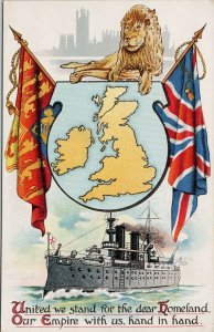 United We Stand for Dear Homeland England Lion Battleship Patriotic Postcard G27