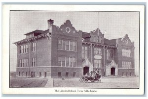 c1920's Lincoln School Building Young Students On Car Twin Falls Idaho Postcard