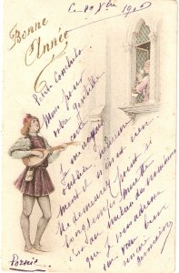 Couplñe. Romantic Serenade Nice old vintage  French New Year Greetings PC