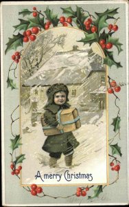 Christmas Little Boy with Gift Snowstorm Blizzard c1910 Vintage Postcard