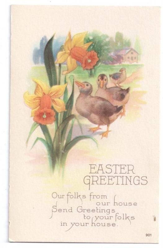 Easter Greetings Ducks Daffodils Vintage Postcard