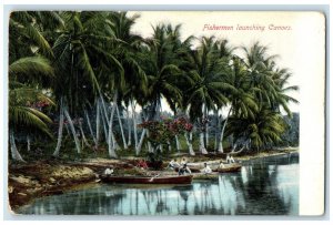 c1910 Trees River Fishermen Launching Canoes Jamaica Unposted Antique Postcard