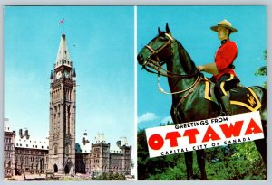 Peace Tower, RCMP Mounted Police, Ottawa, Ontario, Chrome Split View Postcard