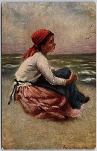 F. Marcusy Sehnsuchtsvoll Little Girl Lonely Face Painting Posted Postcard