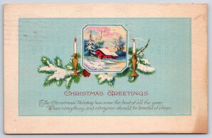 1925 Christmas Greetings Candle Light And Winter House Posted Postcard