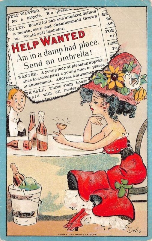 DINING ALCOHOL ROMANCE HELP WANTED ARTIST SIGNED DWIG COMIC POSTCARD (1909)