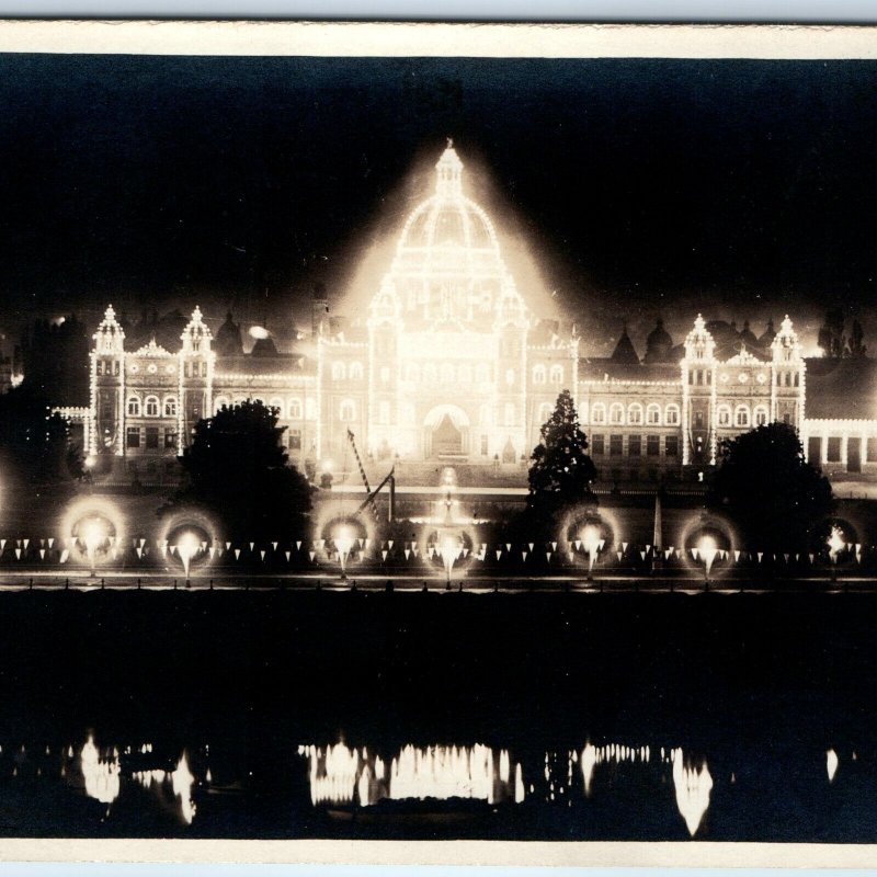 c1930s Victoria, BC, Canada Parliament Building Light Night RPPC Real Photo A141