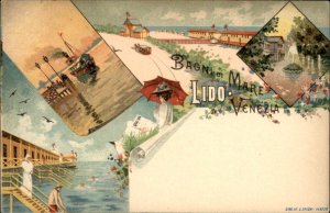 Lido de Venezia Italy Sea Baths Grand Hotel Cafe Resort Vintage Postcard
