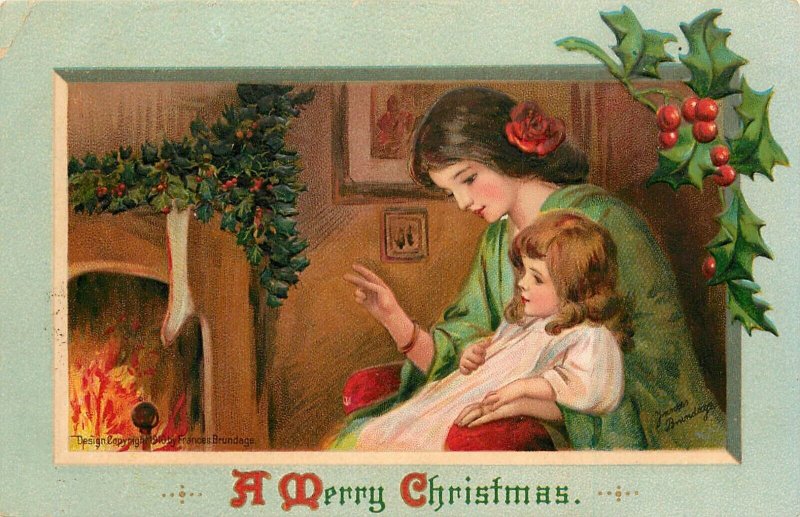 Embossed Christmas Postcard S/A Frances Brundage Mother & Daughter 200