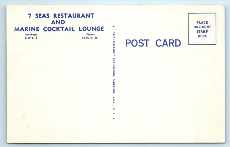 FT LAUDERDALE, FL Florida ~ SEVEN SEAS RESTAURANT c1940s Linen Roadside Postcard