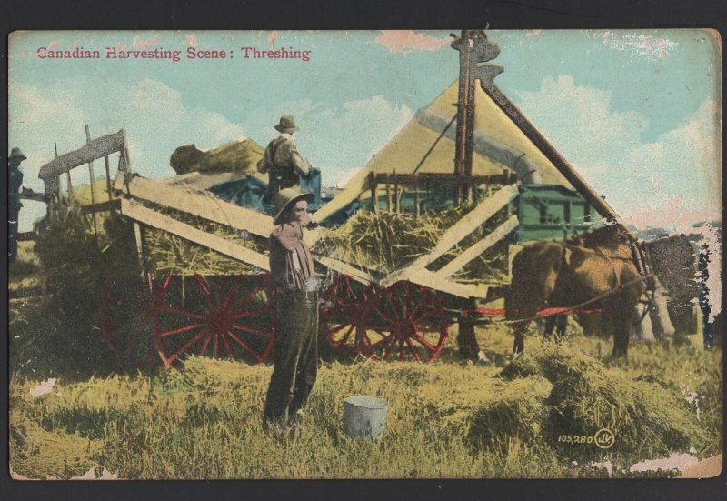 Canada Canadian Harvesting Scene - Threshing Horses Wagon by Valentine ~ DB