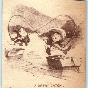 c1880s Funny Boys Boat Fishing Trade Card Poles Catch Friend Comic Brown C29