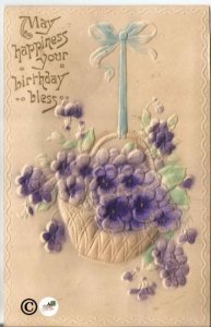 Unique Vintage Postcard w/Basket of Ultra Violet Purple Flowers Heavily Embossed