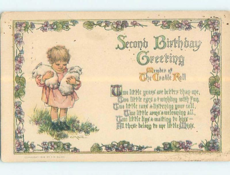 Pre-Linen signed CHILD CARRYING BABY RABBITS IN ARMS FOR SECOND BIRTHDAY HL4926