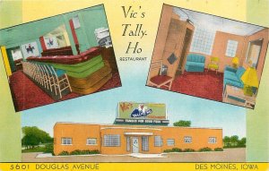Postcard 1940s Iowa Des Moines Vic's Tally Ho Restaurant interior 23-13561