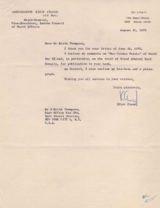 Khub Chand India Ambassador Hand Signed Letter & Nazi War Crimes Report