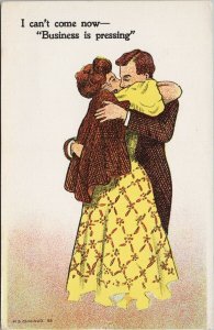 Comic Romance 'I Can't Come Now Business is Pressing' Man Woman Kiss Postcard H3