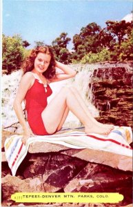 CO, Colorado BATHING BEAUTY~Tepees Advertising DENVER MTN PARKS ca1950s Postcard