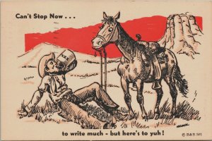 Can't Stop Now Cowboy Drinking Jug Horse a/s Postcard DB PM 1950 Colorado