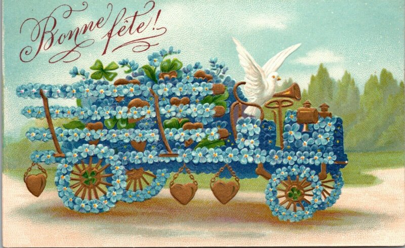 Vintage French RPPC Greetings Postcard Bonne WAGON Tinted Photo