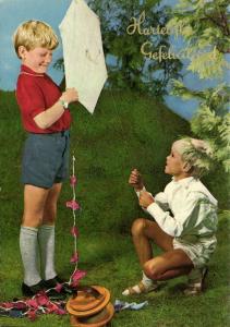 Two Young Boys with a Kite Flying (1960s) Congratulations Greeting Postcard