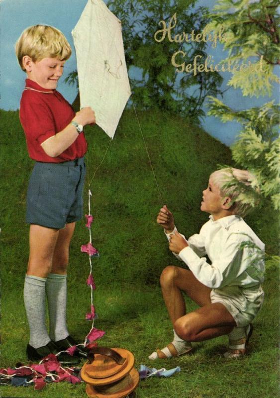 Two Young Boys with a Kite Flying (1960s) Congratulations Greeting Postcard