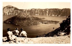 Crater Lake Oregon Black and White RPPC with People Sitting Lakeside Postcard