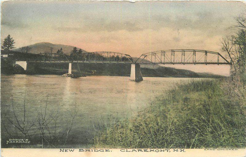 C-1910 Claremont New Hampshire New Bridge Dodgils hand colored postcard 1611