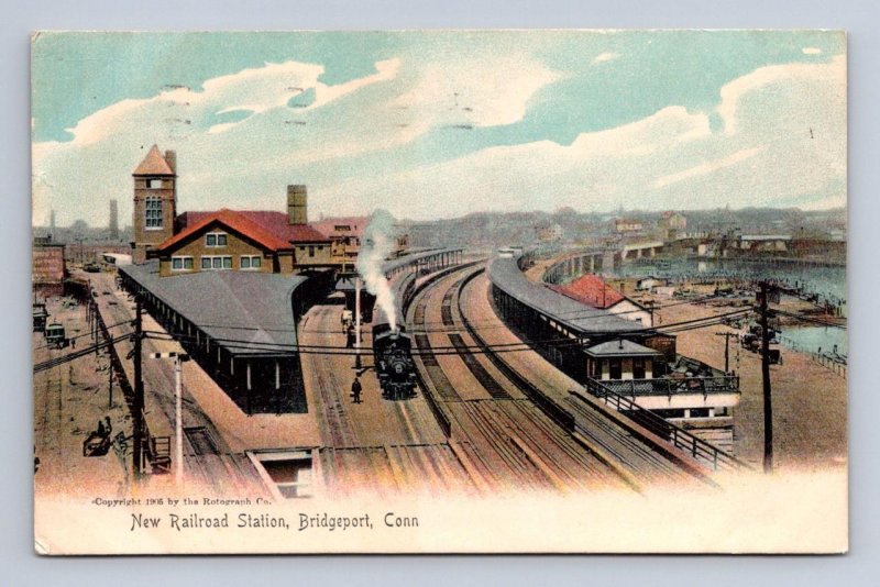 NEW RAILROAD STATION TRAIN DEPOT BRIDGEPORT CONNECTICUT ROTOGRAPH POSTCARD 1905