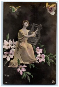 c1910's Pretty Woman Playing Lyre Flowers RPPC Photo Unposted Antique Postcard