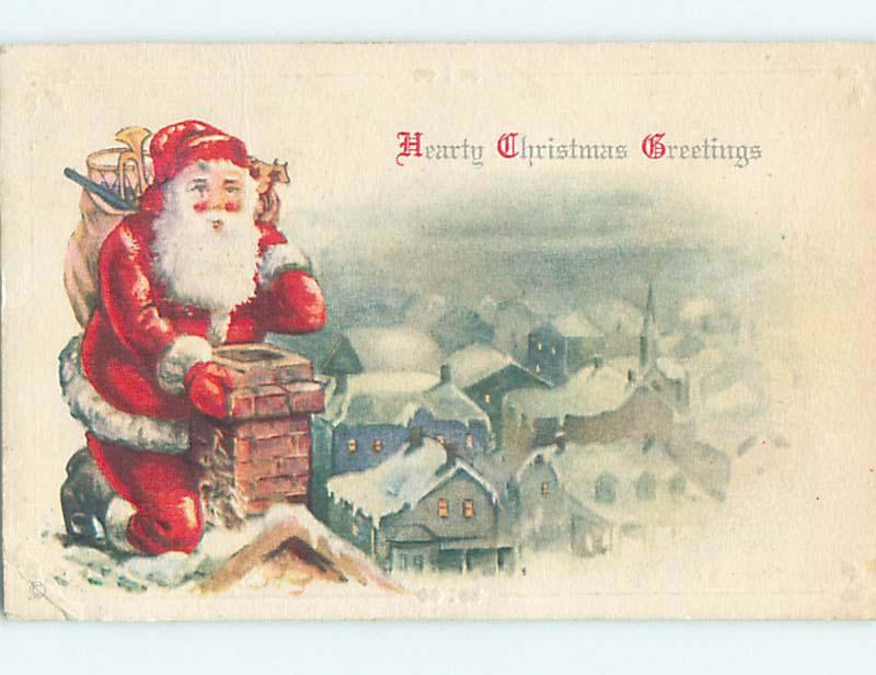 Pre-Linen christmas SANTA CLAUS ON ROOFTOP LOOKS DOWN THE CHIMNEY hr3037