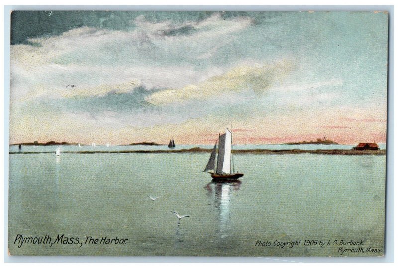 1906 Sailboat The Harbor Plymouth Massachusetts MA AS Burbank Postcard