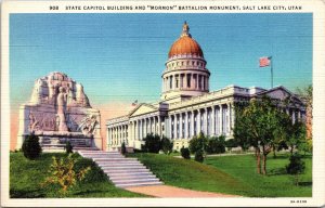 State Capitol Mormon Battalion Monument Salt Lake City Utah Ut Linen Postcard 