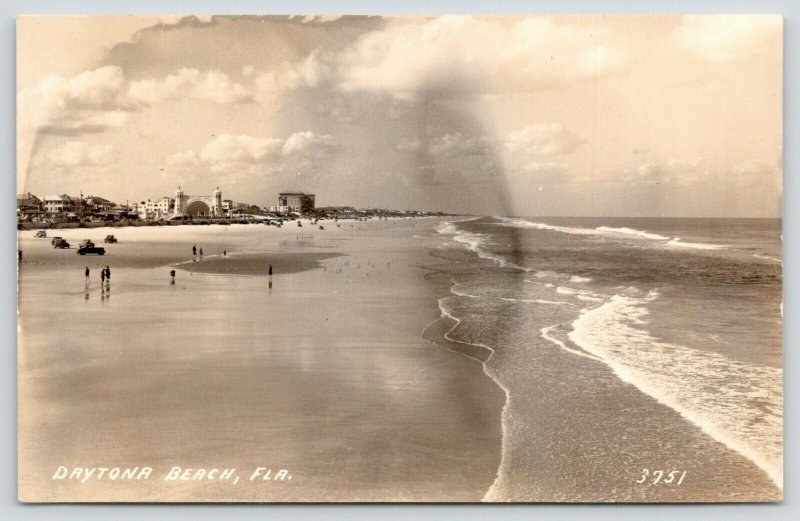Daytona Beach Florida~Families on Beach~Shore Skyline~Clouds & Waves~1930s RPPC