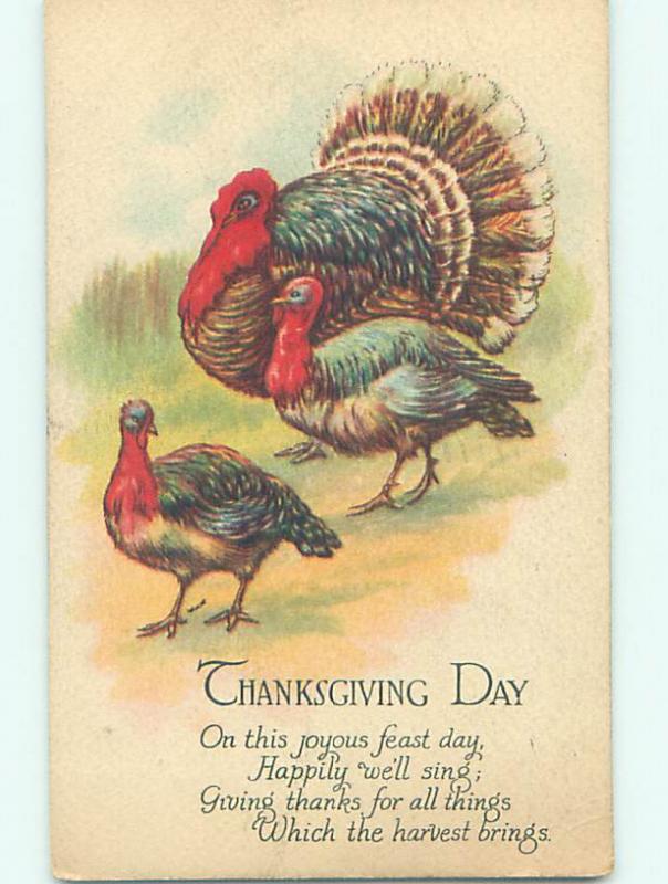 Pre-Linen thanksgiving THREE COLORFUL TURKEY BIRDS HQ7628