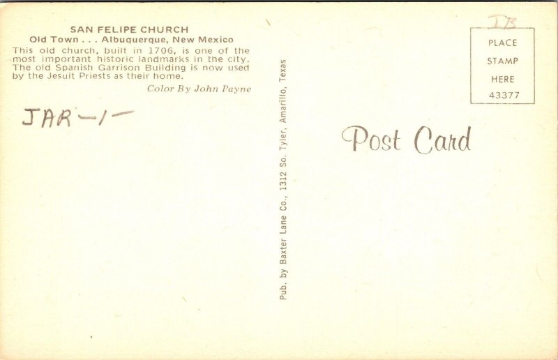 San Felipe Church Albuquerque New Mexico NM Postcard VTG UNP Vintage Unused 