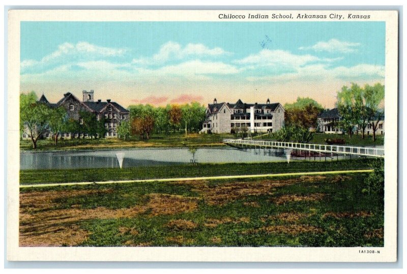 c1940 Chilocco Indian School Field River Bridge Arkansas City Kansas KS Postcard