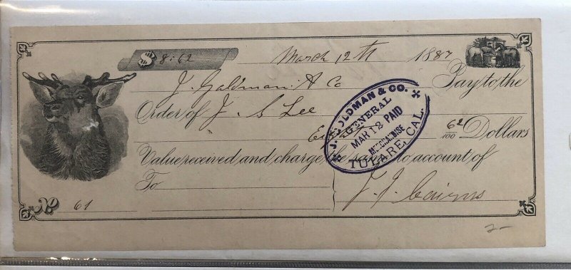 TULARE , CA CALIFORNIA - 1887 Receipt Rare MOOSE Art J. GOLDMAN GENERAL 