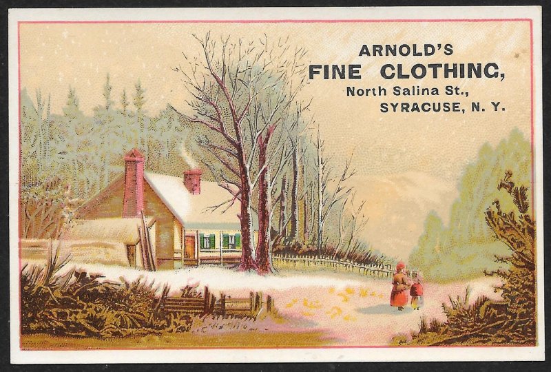 VICTORIAN TRADE CARD Arnolds Fine Clothing Lady & Girl Walking In Winter