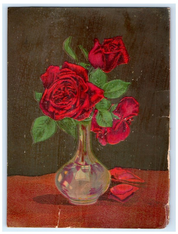 1880s Merritt & Harris Pontiac, MI Red Roses In Vase 3O