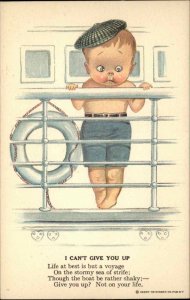 Seasick Little Boy on Steamship I CAN'T GIVE YOU UP Poem c1915 Postcard