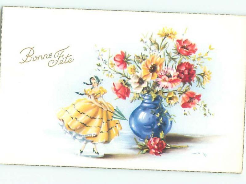 foreign 1961 Postcard ANTIQUE FEMALE FIGURINE WITH FLOWERS ON POSTCARD AC3911