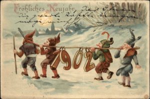 Frohliches Neujahr New Year 1902 Fantasy Gnomes with Giant Numbers Vintage PC